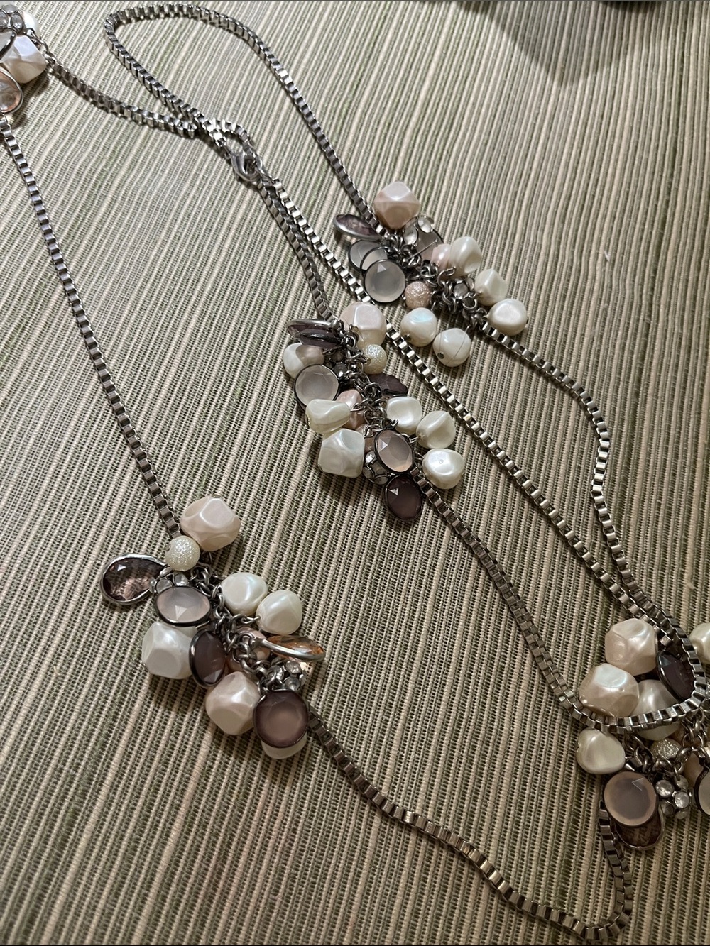 Long Modern Silver Tone Pearl & Light Lavender Charm Necklace